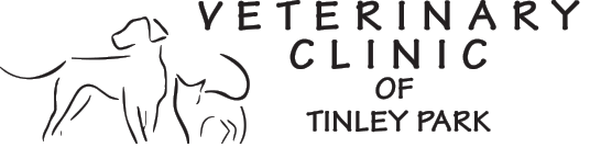 Line drawing of a dog and cat alongside text that reads "Veterinary Clinic of Tinley Park."