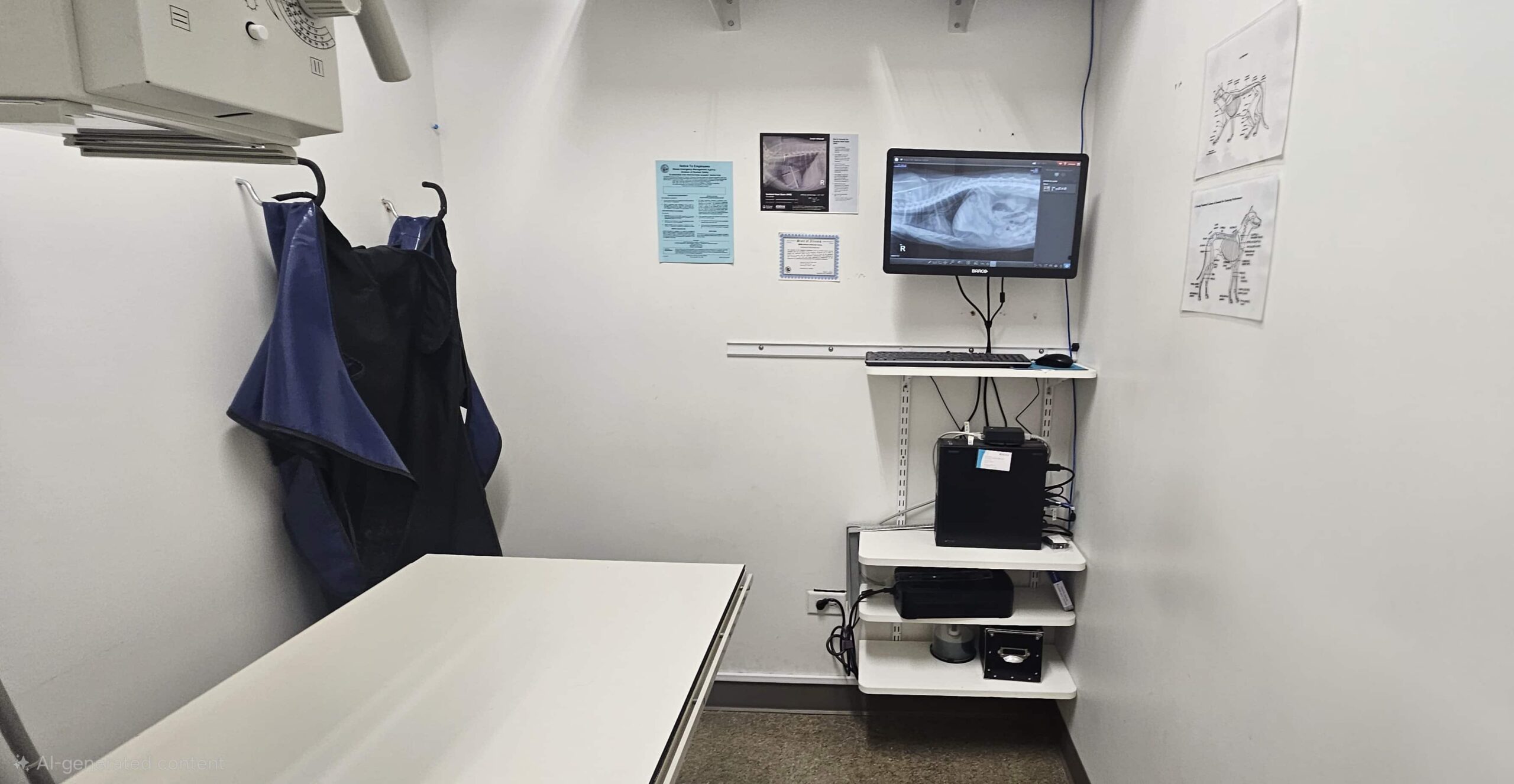 A veterinary X-ray room with a monitor displaying X-ray images and protective aprons hanging on the wall.