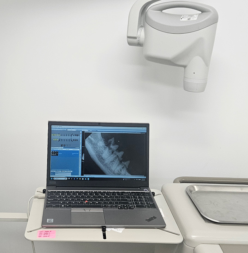 A laptop displaying dental X-rays, placed on a small table with a dental X-ray machine overhead.